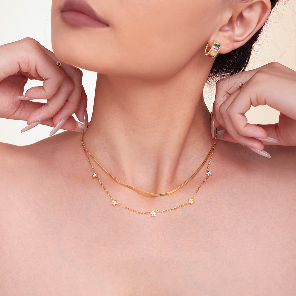 Cubo de azúcar ins pentagrama con circón pequeño diamante estrellas del cielo clavícula collar de titanio chapado en oro simple doble collar mujer
