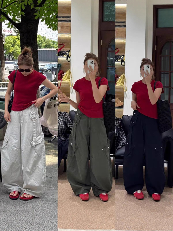 美式2025早秋斜口袋洋气减龄弯刀工装裤女宽松显瘦高街阔腿休闲裤|undefined