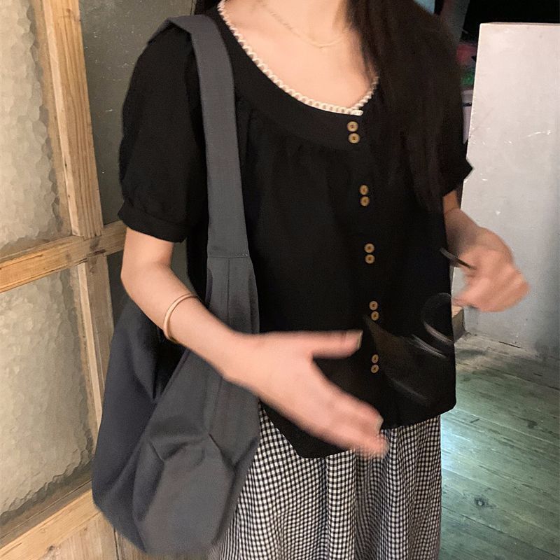 フレンチレースラウンドネック多用途ベビードールシャツ女性用夏の新しいデザインプリーツスタイルシャツシックな年齢軽減シャツ|undefined
