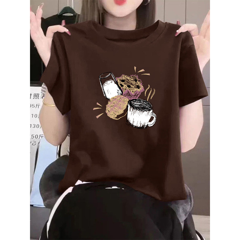 Coffee-Colored Melard Style Straight-Shoulder Pure Cotton Round-Neck Short-Sleeve T-Shirt for Women, Trendy and Versatile Korean Fashion Top