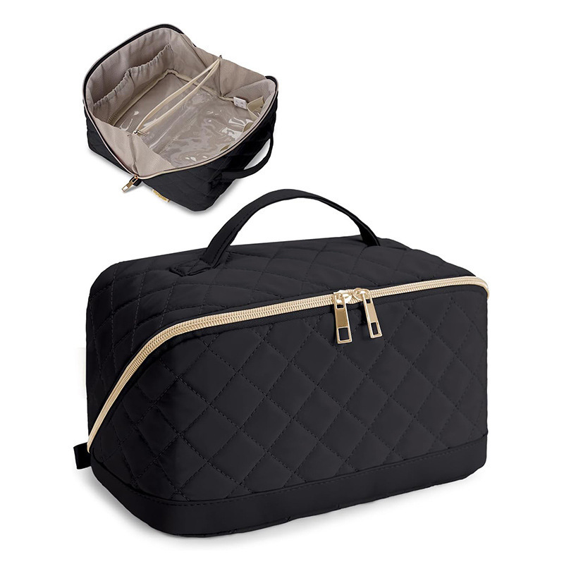 New Travel Cosmetic Bag Large Capacity Wide Opening Makeup Bag Quilted Makeup Organizer Open Makeup Bag