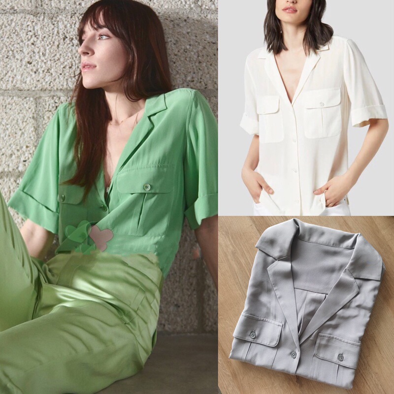 Both Stylish and Soft, Eq Workwear Pockets, Basic and Versatile, Cool Lime Green, Three-Color V-Neck Silk Short-Sleeve Shirt