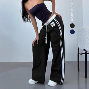Cross-border American Striped Wide-leg Pants Women's 2025 Autumn and Winter New High Waist Loose All-match Straight Pants Casual Sports