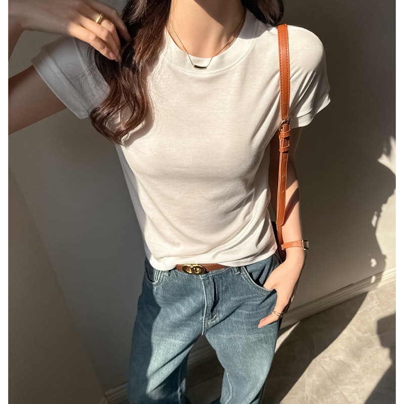 엄선된 여성용 리오셀 텐셀 여름 상의, 한국식 라운드넥, 오른쪽 어깨, 긴 소매, 고급 반팔 티셔츠, 하의 셔츠