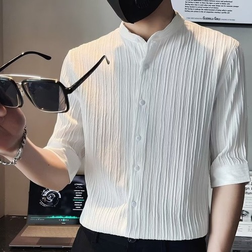 Stand collar seven-inch sleeve men's short-sleeve summer 2024 new men's high-end striped half-sleeve shirt