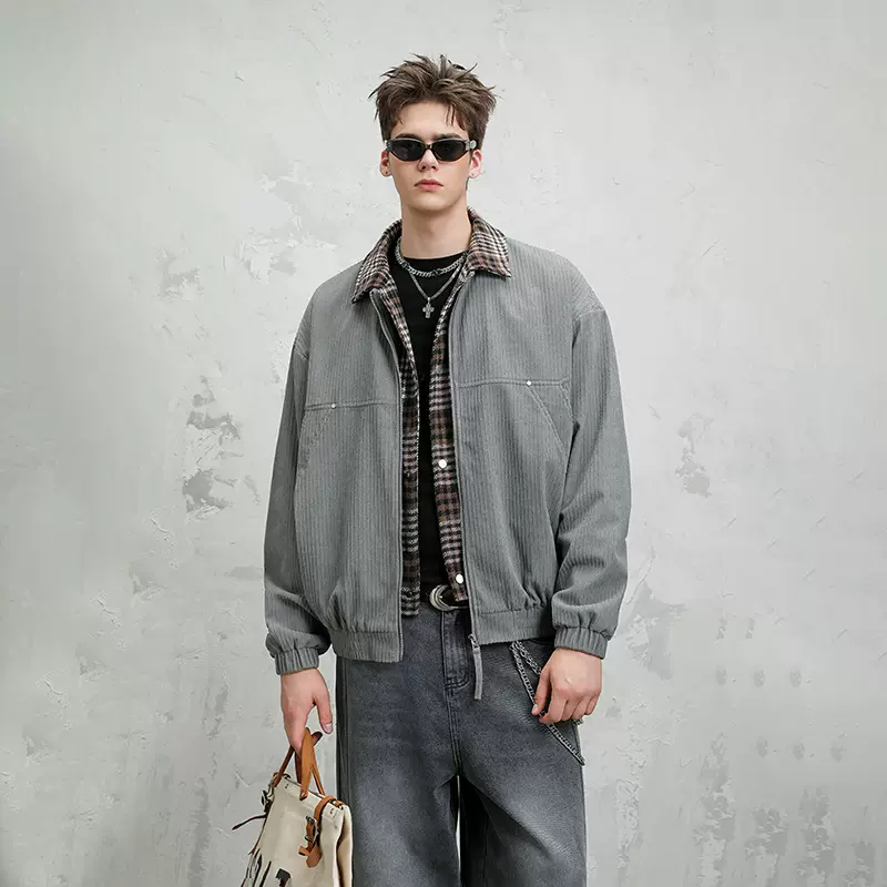 2025假两件格纹翻领皮衣夹克男秋季复古潮牌痞帅设计感宽松外套