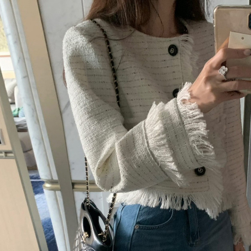 South Korea Autumn French Elegant Chanel Style Elegant Stitching Tassel Sleeve Design Tweed Short Coat for Women