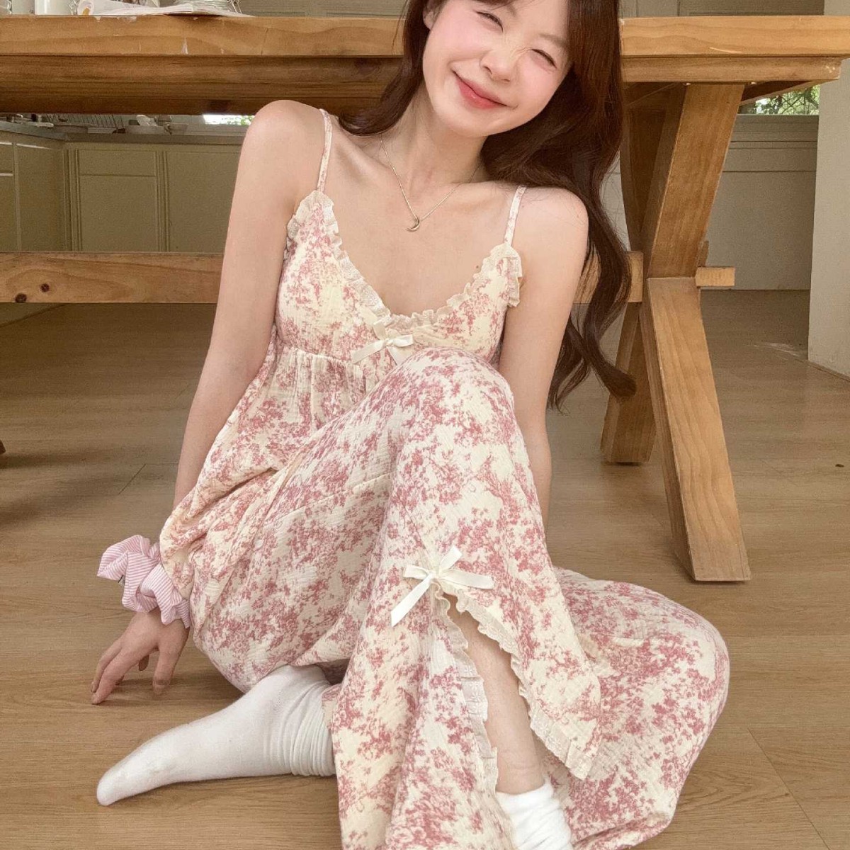 2025 Summer New Sweet Ink National Style Floral Sling Comfortable Belt Bra Chest Pad Home Clothes Pajamas suit