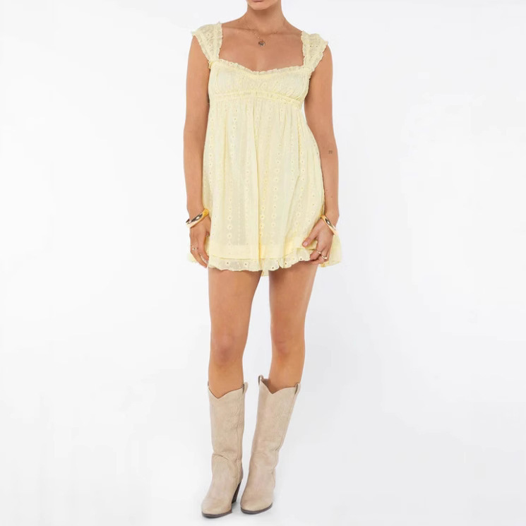 Solid Color Mini Embroidered Loose Suspender Dress Solid Color Mini Embroidered Loose Suspender Dress