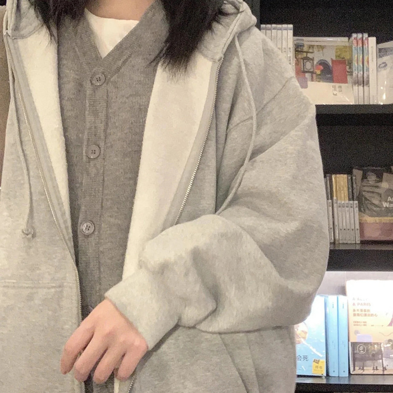 奶蓝色连帽卫衣外套女韩系薄款帽衫入秋宽松慵懒感bm显瘦开衫上衣|undefined