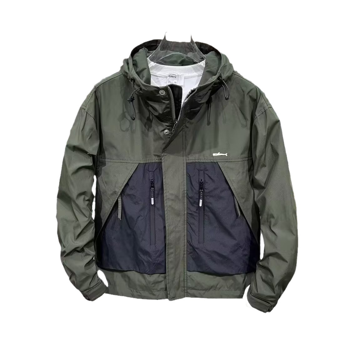 Primavera y otoño nuevos hombres de gama alta ropa de trabajo con capucha color a juego bolsillo superior chaqueta juvenil chaqueta casual impermeable