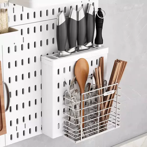 Knife Holder, Chopstick Basket, Hole Board, Wall-Mounted Punch-Free Kitchen Blocking Wall Multi-Functional Drain Basket Storage Rack