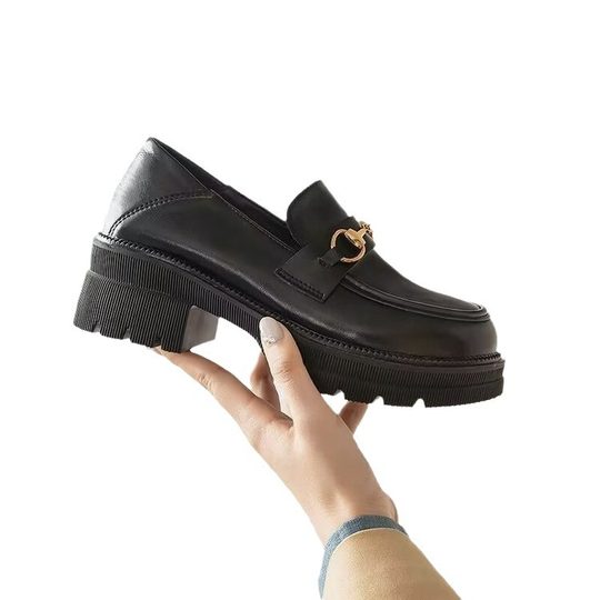 2025 New Autumn Small Leather Shoes, Trendy One-Leg Casual Women's Shoes, British Retro Thick-Soled Metal Buckle Loafers for Women