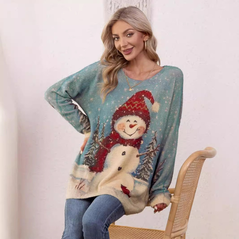 European and American Large Size Christmas Sweater Snowman Pattern Printed Oversized Pullover Autumn and Winter Casual Loose Knitted Mink Top