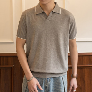 ZF8110-MW  复古拼色翻领OLO衫男夏季薄款休闲针织短袖T恤上衣图片