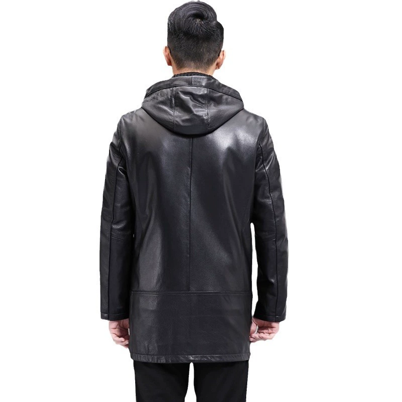 Long liner, coat with hood, genuine leather, mid-length