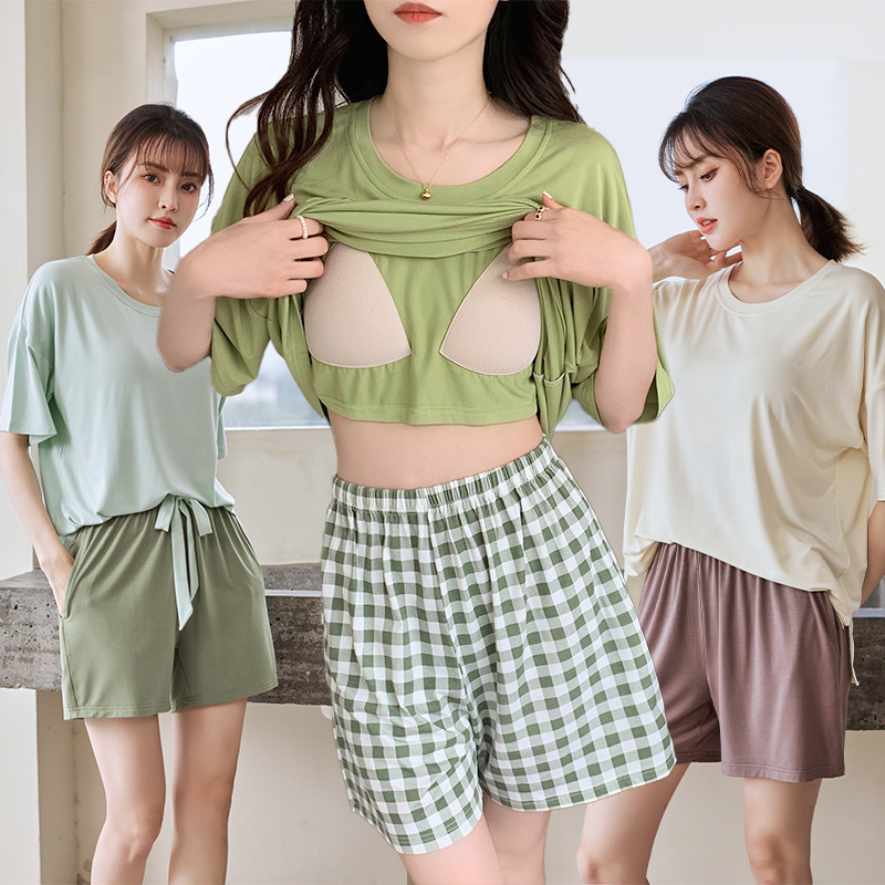 Thin pajamas women's summer modal with chest pad short sleeve can be worn outside comfort large size home suit wholesale