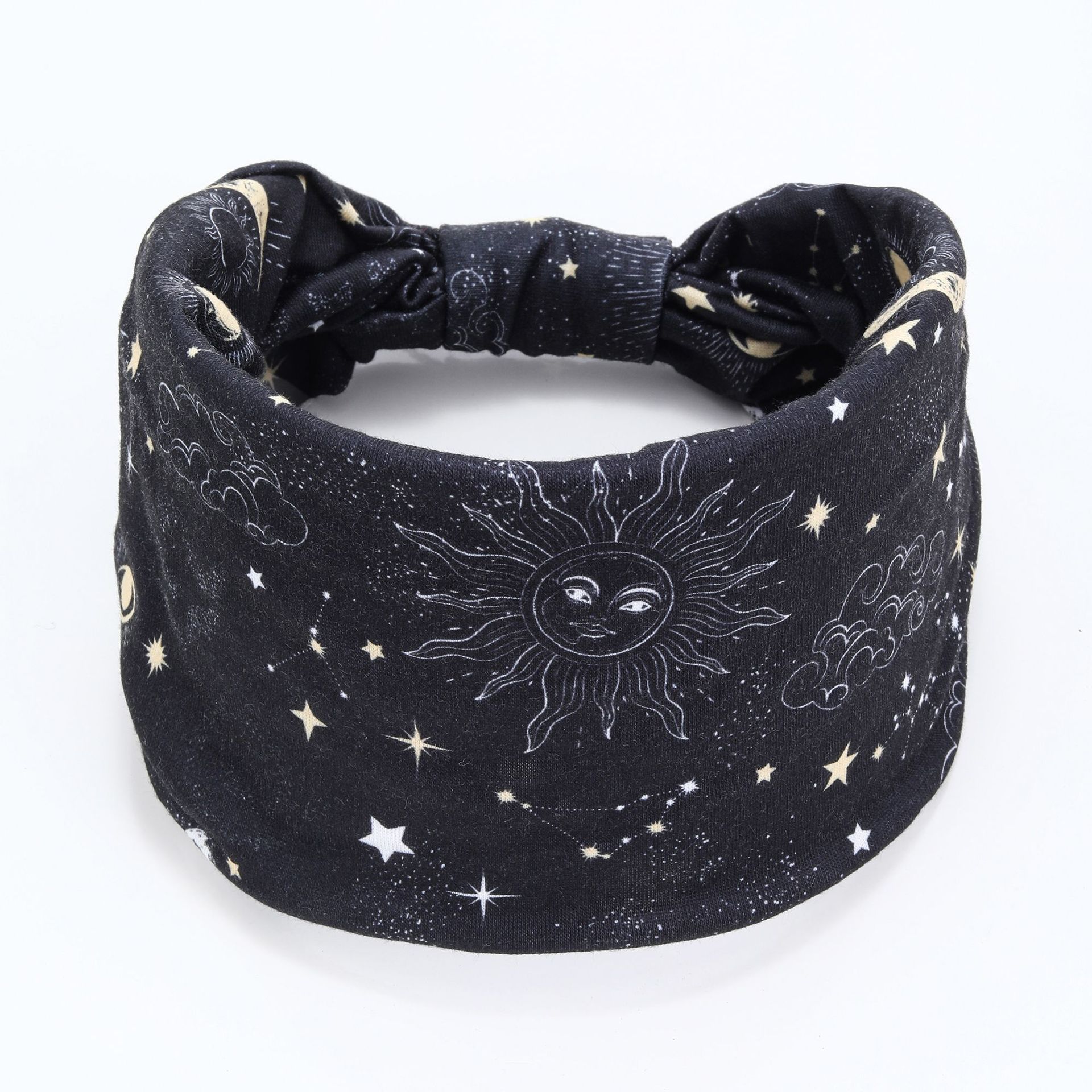 Banda de cabello de borde ancho de estilo nacional antideslizante para mujeres y niñas adornamiento de cabello de patrón de cuadrícula de estrella y luna flotante