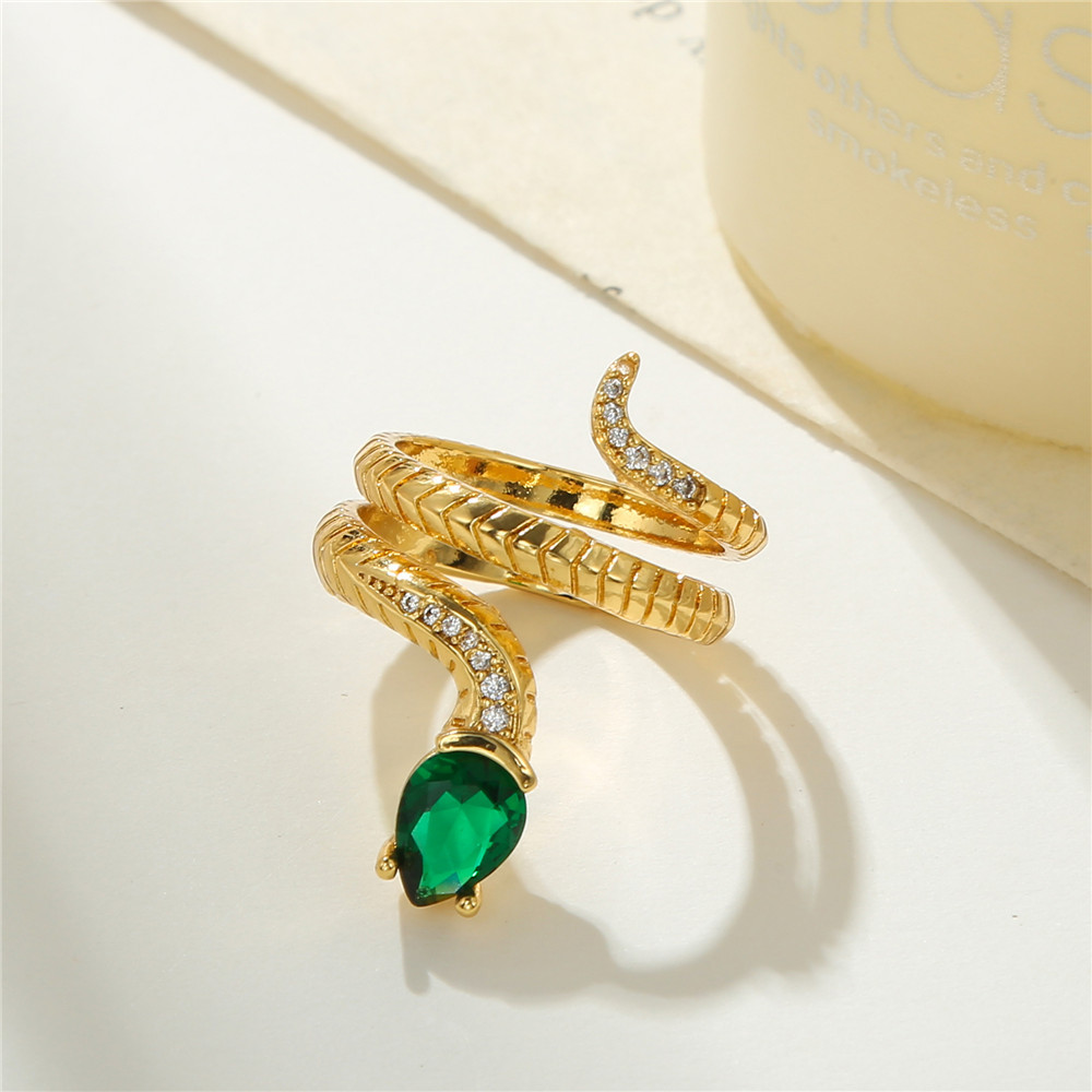 Simple copper inlaid zirconium zodiac snake open ring adjustable