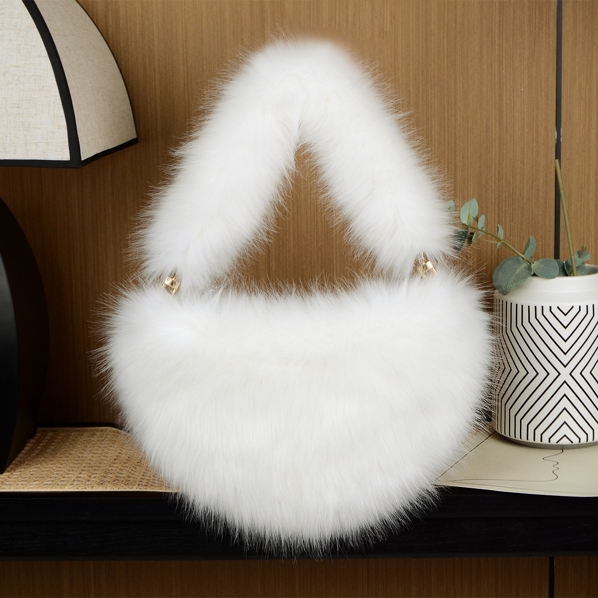 Fashion women's bags solid color plush messenger bag women's wool semi circular dumpling bag handbag_voghion.com