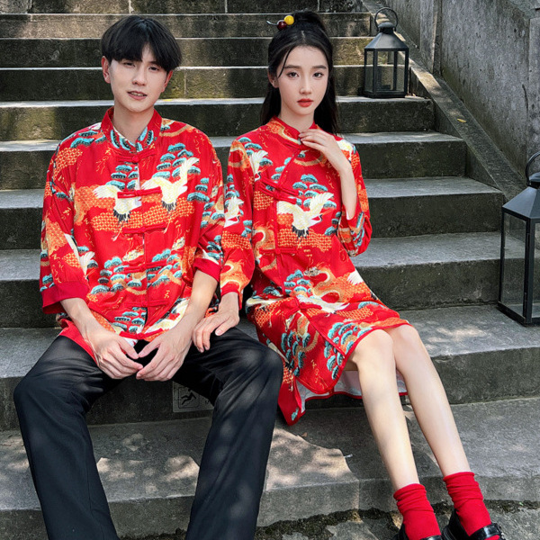 중국 스타일 커플의 새로운 중국 스타일 수정 플러스 사이즈 버튼 인쇄 느슨한 수직 칼라 크레인 셔츠 원피스 청삼