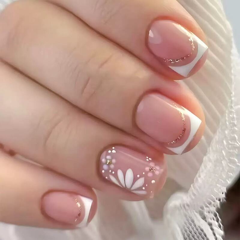 24Pcs Square Fake Nails Fashion Casual Style Flower Design Easily Create Perfect Eye-Catching Nail Shape