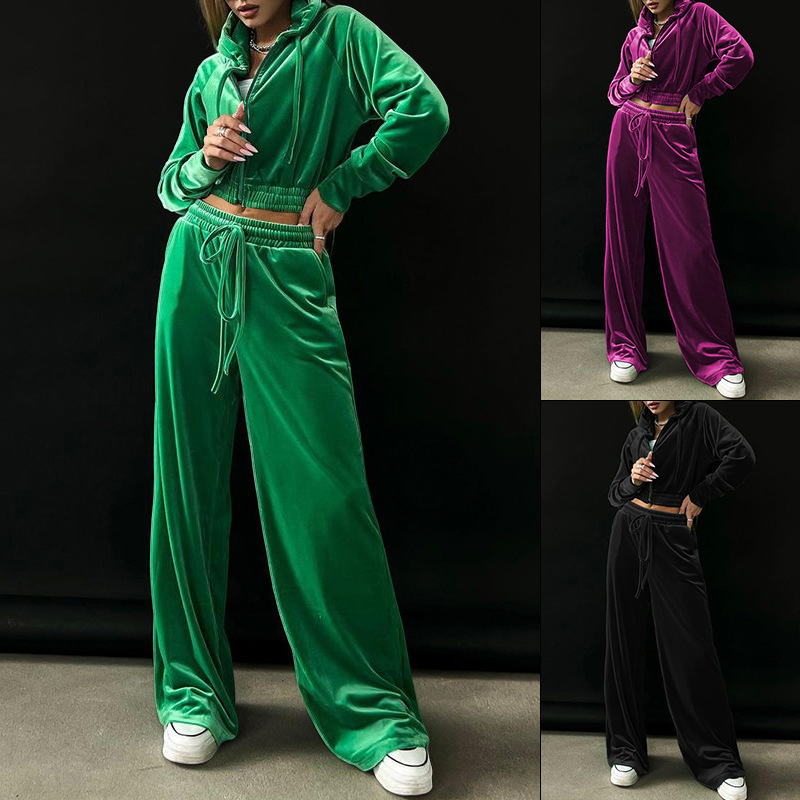 FD1141 in stock 2025 autumn and winter new ladies fashion hooded sweater gold velvet sports casual pants suit