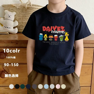 藏青色芝麻街卡通短袖儿童男女夏季美式潮牌宽松情侣款半袖上衣