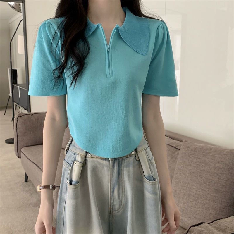 Knitted summer thin sweater, fitted set, with short sleeve