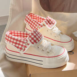 厚底帆布鞋女2025新款秋季高帮百搭休闲板鞋蓓尔BE6916一件代发