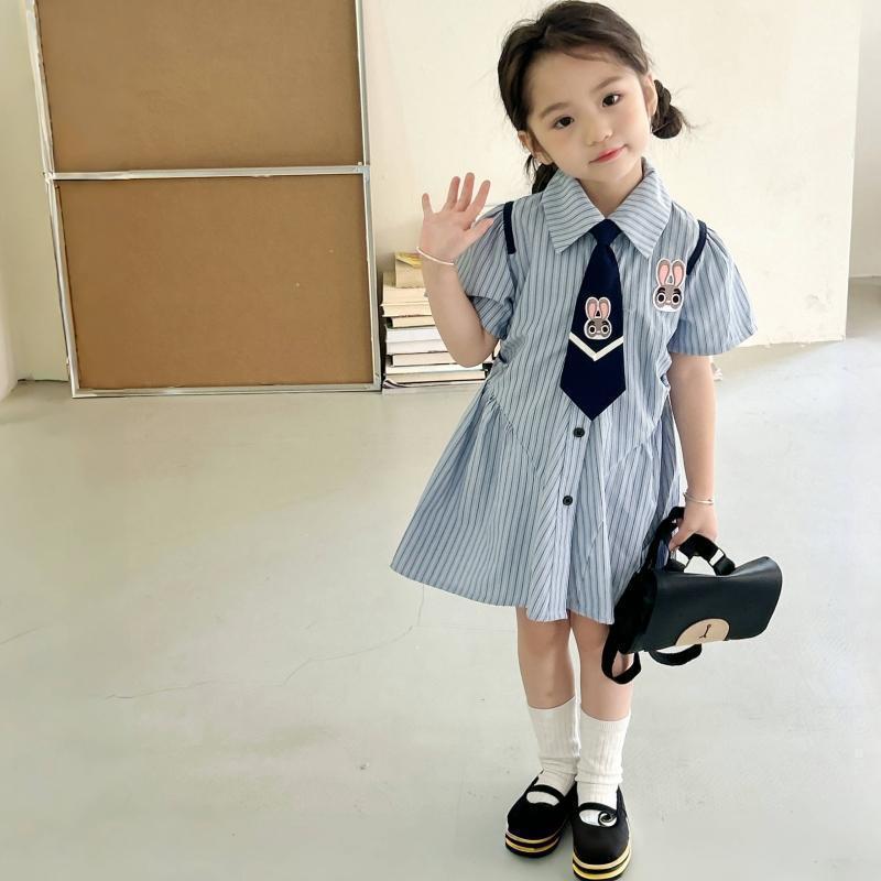 Girls Dress 2025 New Summer Middle and Large Children Polo Collar Jk Skirt College Style Rabbit Striped Shirt Dress Summer