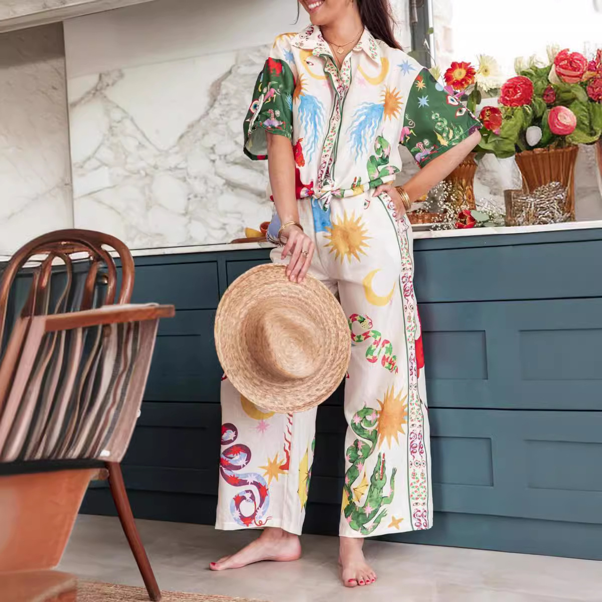 Regular Fit Fit Type Animal, Sun Pattern Holiday Beach Women's Vacation Animal Sun Linen Polyester Printing Pant Co-ord Set Pants Sets