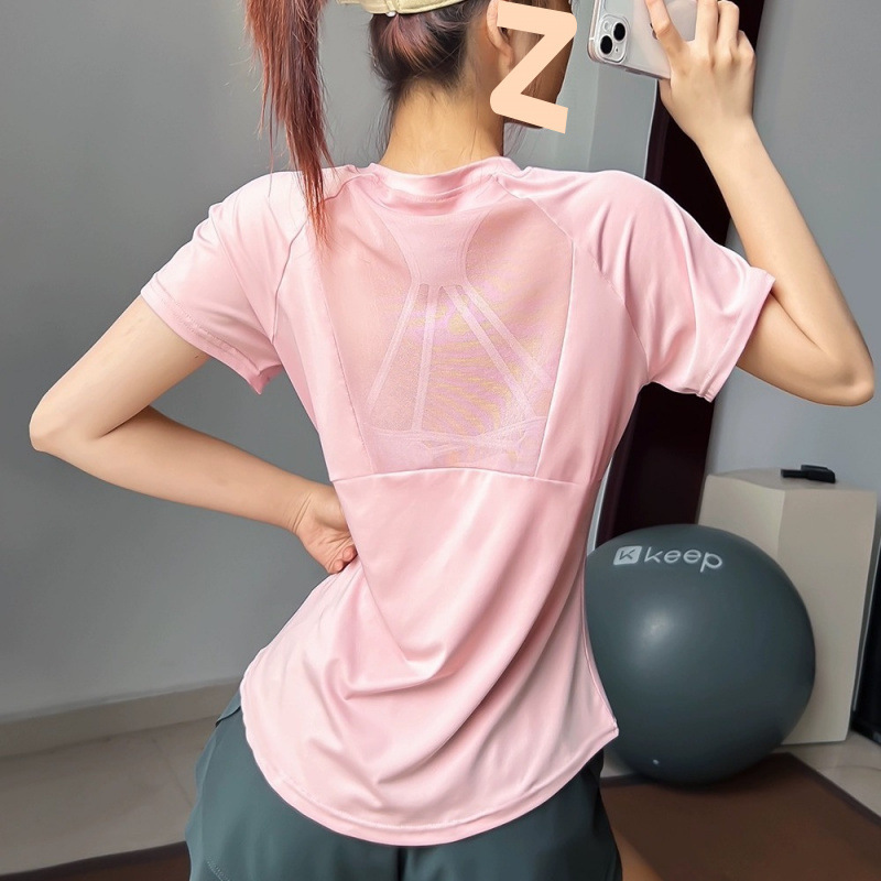 スポーツ半袖レディース速乾服夏ランニングフィットネス服ヨガ服美しいバックメッシュ弾性スリムトレーニングTシャツ新しい|undefined