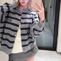 复古风灰色撞色条纹针织衫开衫女2025秋冬新款超好看宽松上衣外套