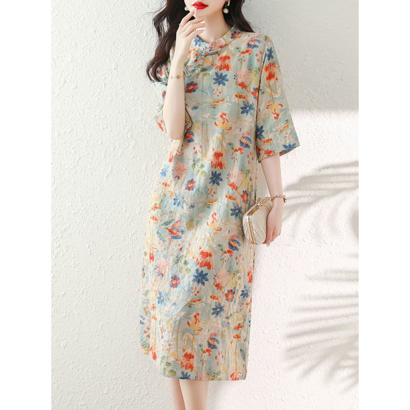 Ethnic Style Floral Improved Cheongsam Dress Cotton and Linen Large Size Fat mm Chinese Pure Cotton Skirt Summer 2023 New Style Ethnic Style Floral Improved Cheongsam Dress Cotton and Linen Large Size Fat mm Chinese Pure Cotton Skirt Summer 2023 New Style