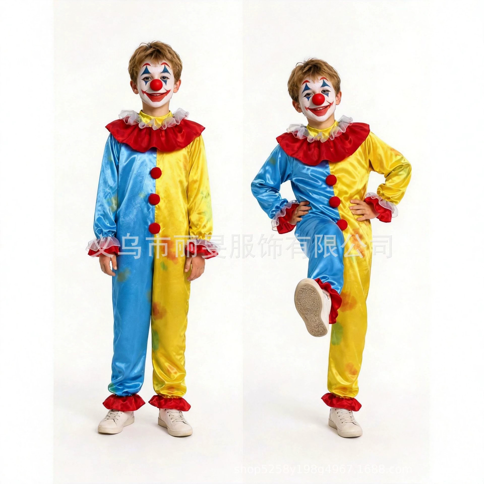 Halloween Boys' Blue and Yellow Color-Blocked Clown Costume Jumpsuit Funny Role-Playing Outfit Manufacturer Wholesale in Stock
