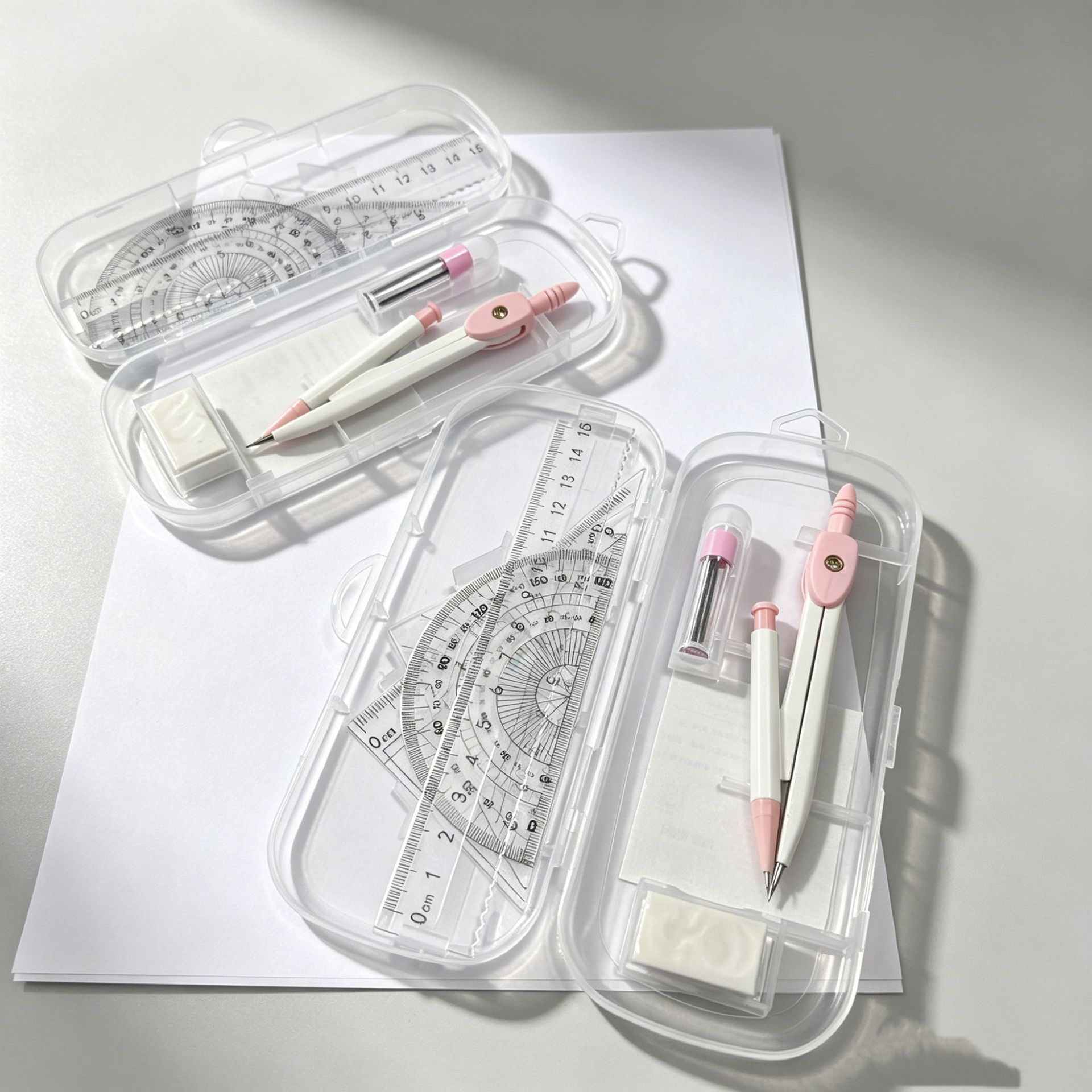 New High-Quality Pink Ruler and Compass Seven-Piece Set, Drawing Ruler, Metal Compass, Protractor, Drawing Set