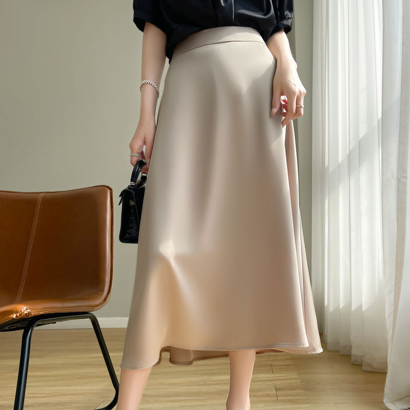 Summer New Women's Solid Color High Waist Elegant All-Match Mid-Length Slimming Silk Skirt Wholesale