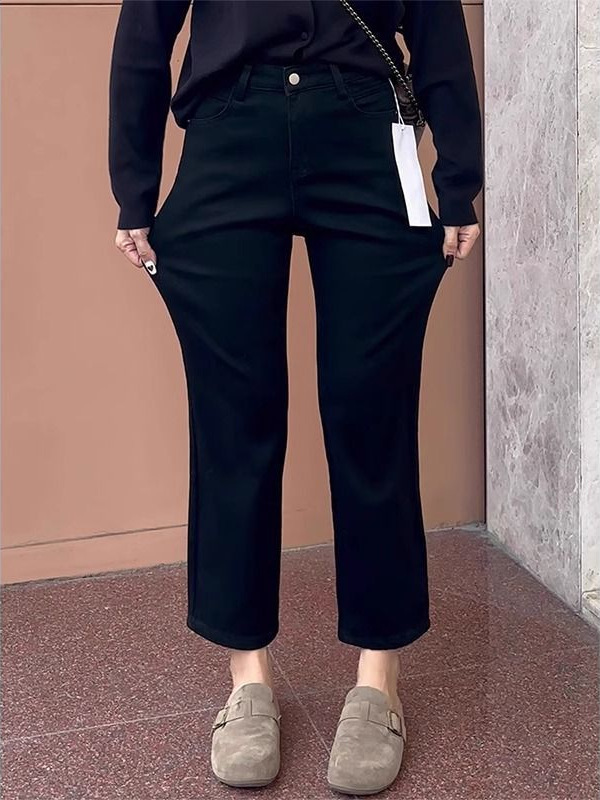 大きいサイズの黒いストレートのジーパンの女性の春秋の新型のナシの形の太った妹の腰の弾力性の9分のタバコの管のズボン|undefined