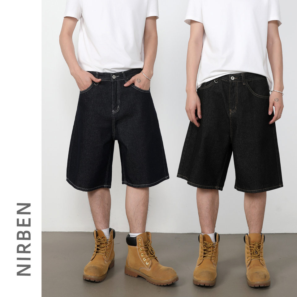 Quần short jean nam lửng ống rộng dáng suông phong cách retro, chất liệu denim thô — Denim đen, Xanh denim