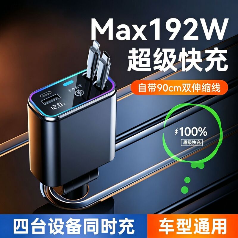 Car Charger with Retractable Cable, Super Fast Charging, 2026 New Model, Dual Cigarette Lighter Adapter, Compatible with Huawei Car Charger with Retractable Cable, Super Fast Charging, 2026 New Model, Dual Cigarette Lighter Adapter, Compatible with Huawei