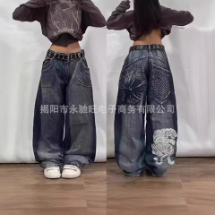 流行のヒップホップのアメリカのレトロな春と秋の新型の個性のゆったりしているストレートのジーパンの広い足のカジュアルなモップのズボン