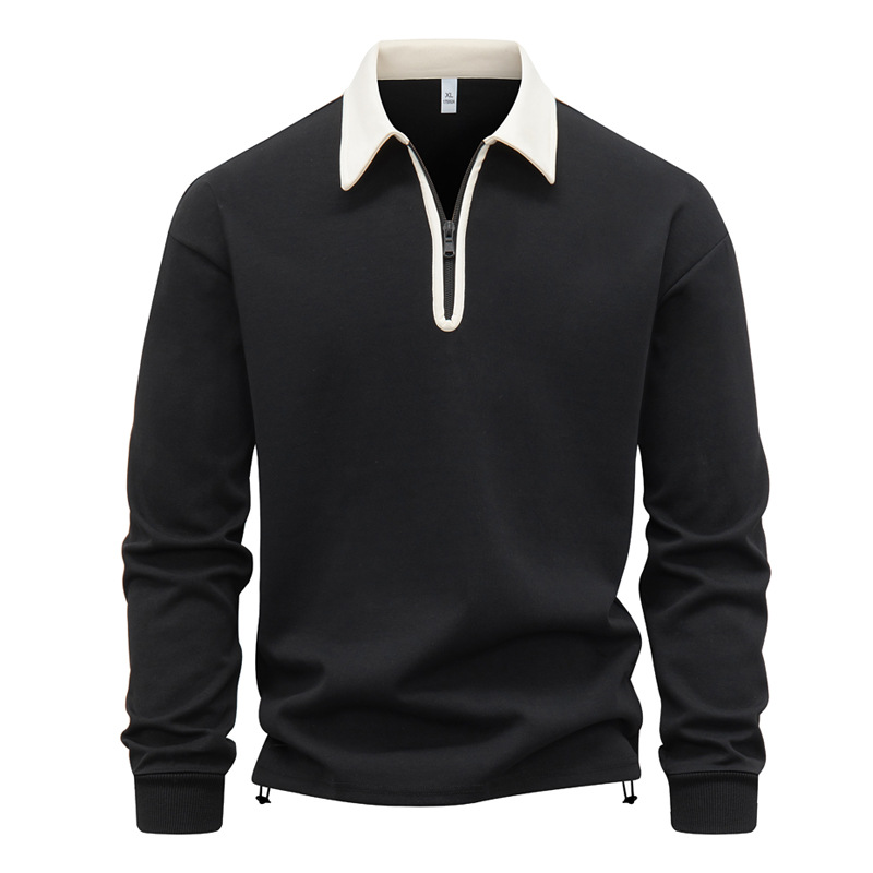 Men's Autumn Fashion Long-Sleeve Hoodie | Korean-Style Turn-Down Collar Pullover Sweatshirt | Lightweight Fleece Lining (Black/Navy/Beige/Gray)_viptrois.com