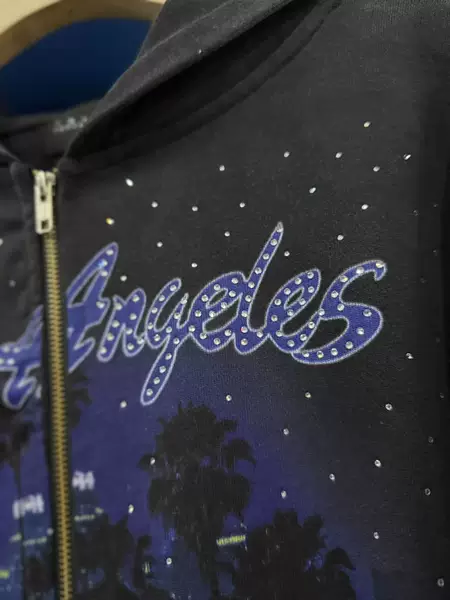 False Perception rhinestone Los Angeles starry night scene washed and distressed loose-fit zip-up hoodie