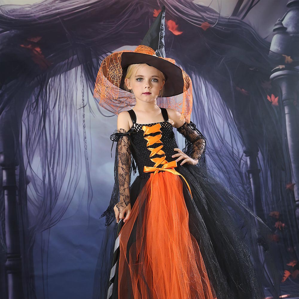 Halloween Niños Magos vestido vestido vestido de bruja Cosplay vestido de malla Tutu vestido de bruja