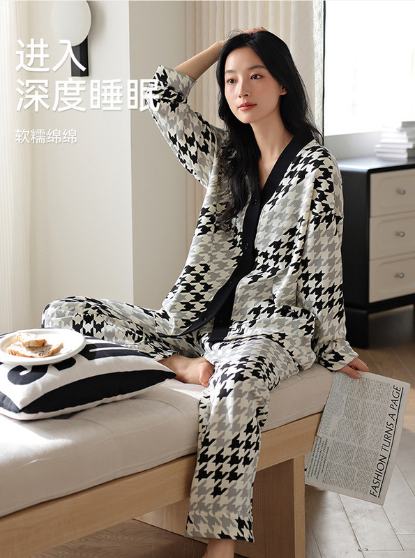 2025年新款家居服少女风开衫长袖长裤套装甜美可爱印花春秋季睡衣|undefined