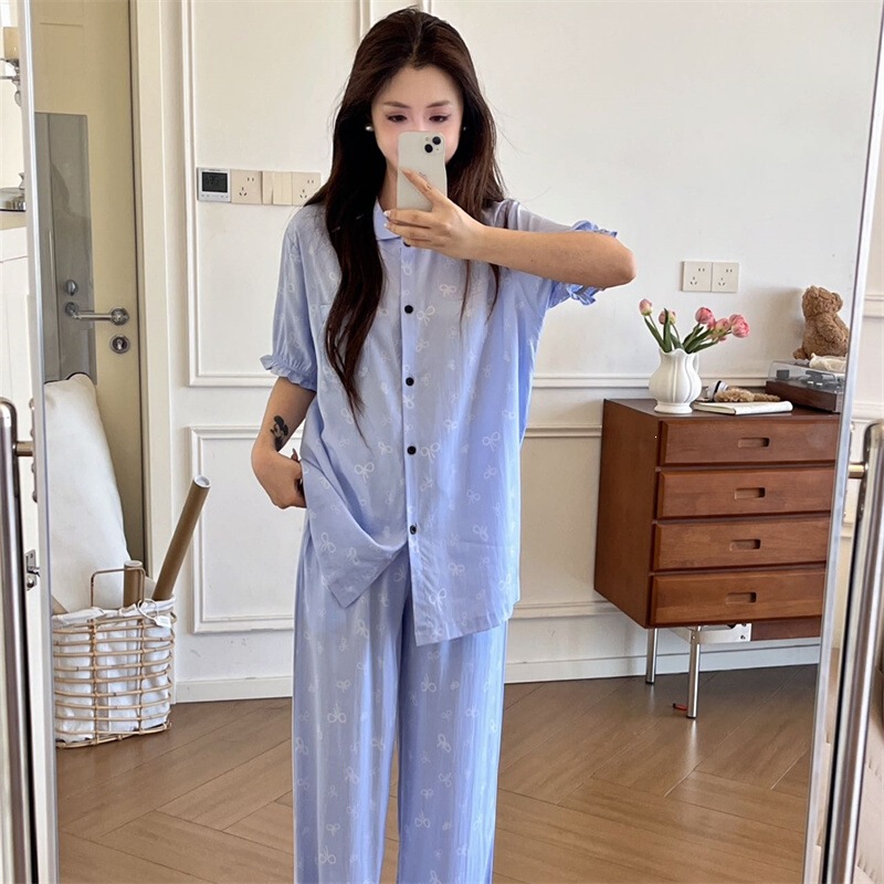 Summer Pajamas for Women, Short-Sleeved Trousers, Doll Collar, Cherry Bow, Loose, Simple, Casual, Women's Home Wear Set Summer Pajamas for Women, Short-Sleeved Trousers, Doll Collar, Cherry Bow, Loose, Simple, Casual, Women's Home Wear Set
