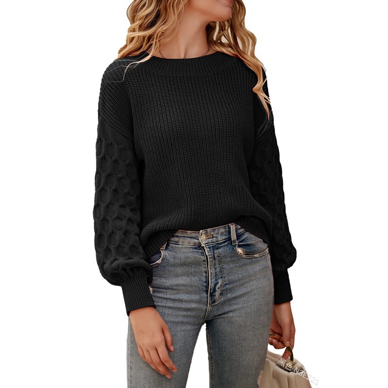 2023 Otoño e Invierno Amazon moda viajero linterna manga superior de punto europeo y americano nuevo estilo de color sólido manga larga cuello redondo suéter image 8