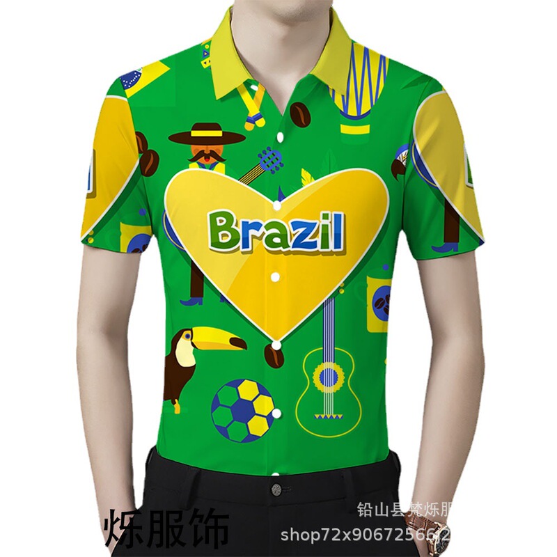 Summer Men's Short-sleeved Shirt New Brazilian Style HD Digital Print Lapel Cardigan Cross-border Exclusive