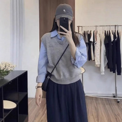 哥家商场同款女装2025秋季假两件马甲休闲百搭衬衫复古针织上衣